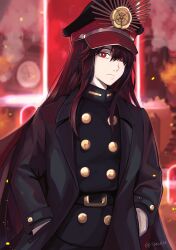 Rule 34 | 1girl, absurdres, belt, black hair, crest, expressionless, family crest, fate/grand order, fate (series), hair between eyes, hands in pockets, hat, highres, long sleeves, looking at viewer, military hat, oda nobunaga (fate), oda uri, red eyes, sidelocks, solo, taku (takuqx), upper body