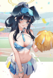 Rule 34 | 1girl, absurdres, animal ears, bare arms, bare shoulders, black hair, blue archive, blue eyes, breasts, cheerleader, cleavage, commentary, confetti, cowboy shot, crop top, day, dog ears, dog girl, dog tail, eyewear on head, fang, goggles, goggles on head, halo, hibiki (blue archive), hibiki (cheer squad) (blue archive), highres, holding, holding pom poms, long hair, looking at viewer, medium breasts, midriff, millennium cheerleader outfit (blue archive), miniskirt, navel, open mouth, outdoors, pleated skirt, pom pom (cheerleading), pom poms, ponytail, skirt, smilesmile1312, solo, stomach, tail, thighs, white skirt