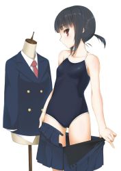 Rule 34 | 1girl, black hair, black one-piece swimsuit, blazer, blunt bangs, blush, bouzu (bonze), breasts, buttons, clothes pull, competition school swimsuit, highres, jacket, looking at viewer, necktie, one-piece swimsuit, open clothes, open skirt, original, pleated skirt, profile, red eyes, school swimsuit, school uniform, shirt, short hair, short twintails, simple background, skirt, skirt pull, small breasts, solo, standing, swimsuit, swimsuit under clothes, twintails, undressing, white background