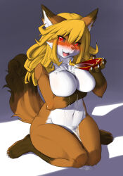 Rule 34 | 1girl, :3, alcohol, animal ears, animal feet, animal hands, animal nose, barefoot, black sclera, blonde hair, blush, body fur, breasts, brown fur, claws, collarbone, colored sclera, completely nude, cup, fang, feet, female focus, fox ears, fox girl, fox tail, furry, furry female, grey background, groin, hair between eyes, half-closed eyes, hand up, happy, highres, holding, holding cup, kame (3t), knees together feet apart, large breasts, long hair, multicolored fur, navel, no nipples, nose blush, nude, open mouth, original, pouring, red eyes, sakazuki, sake, sidelocks, simple background, sitting, smile, snout, solo, stomach, tail, tail raised, thick thighs, thighs, wakamezake, wariza, white fur, wide hips