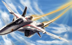 Rule 34 | 1boy, aircraft, airplane, cloud, day, flying, henry gilliam, highres, jet, macross, macross frontier, mecha, outdoors, pilot suit, raybar, robot, saotome alto, sky, vehicle focus, vf-25