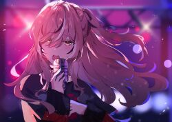Rule 34 | 1girl, backlighting, black shirt, black sweater, brown eyes, brown hair, concert, emo fashion, hair over one eye, highres, holding, holding microphone, hololive, hololive english, light particles, long hair, microphone, miya (ikanyaide), multicolored hair, music, nanashi mumei, nanashi mumei (emo), official alternate costume, official alternate hairstyle, one side up, open mouth, red sweater, shirt, singing, stage, stage lights, streaked hair, striped clothes, striped sweater, sweater, sweater under shirt, t-shirt, teeth, two-tone sweater, upper teeth only, very long hair, virtual youtuber