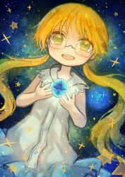 Rule 34 | 1girl, absurdres, bad hands, blonde hair, blue background, blush, child, commentary request, cowboy shot, dress, dutch angle, frilled dress, frills, glasses, green eyes, halogenfluorite, hands up, highres, jewelry, long hair, looking at viewer, made in abyss, open mouth, pendant, riko (made in abyss), sleeveless, sleeveless dress, smile, solo, sparkle, star (sky), star (symbol), star compass, twitter username, very long hair, white dress