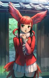 Rule 34 | 1girl, architecture, bird tail, black hair, blunt bangs, commentary request, cowboy shot, east asian architecture, finger to mouth, fur collar, gradient hair, head wings, highres, jacket, kemono friends, long sleeves, looking at viewer, multicolored hair, open door, open mouth, pleated skirt, red eyes, red hair, red jacket, scarlet ibis (kemono friends), sidelocks, signature, skirt, solo, tail, thigh gap, thighhighs, two side up, welt (kinsei koutenkyoku), white skirt, wide sleeves, wings, zettai ryouiki
