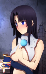 Rule 34 | 1girl, arm across waist, unworn armor, bad id, bad pixiv id, barefoot, black gloves, black hair, blue eyes, blush, breasts, closed mouth, commentary request, elbow gloves, embarrassed, fate/grand order, fate (series), frown, gloves, hair down, hand on own chest, highres, indoors, large breasts, long hair, looking away, parted bangs, pom pom (clothes), revealing clothes, shadowsoforacle, side ponytail, single glove, solo, table, upper body, ushiwakamaru (fate)