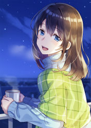 Rule 34 | 1girl, :d, blue eyes, blue sweater, brown hair, cloud, commentary request, cup, hair between eyes, highres, holding, holding cup, long hair, long sleeves, looking at viewer, looking to the side, mono lith, mug, night, night sky, open mouth, original, outdoors, railing, shawl, sky, sleeves past wrists, smile, solo, star (sky), starry sky, sweater, turtleneck, turtleneck sweater, upper body