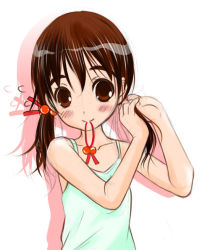 Rule 34 | 1girl, adjusting hair, blush, brown eyes, brown hair, camisole, female focus, gradient background, hair bobbles, hair ornament, hairdressing, kaai yuki, mouth hold, simple background, smile, solo, takeshita kenjirou, twintails, vocaloid, white background