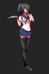 Rule 34 | absurdres, ayano aishi, blood, blood on clothes, evil smile, highres, knife, school uniform, smile, solo, thighhighs, yandere, yandere simulator