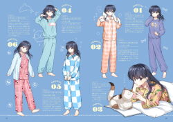 Rule 34 | 6+girls, barefoot, black hair, blue background, blue cardigan, blue pajamas, blue pants, cardigan, cat, checkered clothes, checkered pants, checkered shirt, closed mouth, colored inner hair, dress shirt, floral print, full body, grey hair, higurashi kagome, holding, holding hair, inuyasha, long hair, long sleeves, looking at viewer, lying, motobi (mtb umk), multicolored hair, multiple girls, on stomach, one eye closed, open cardigan, open clothes, page number, pajamas, pants, pillow, pink pajamas, pink pants, print shirt, purple pajamas, purple pants, purple sweater, shirt, sleeves past wrists, smile, standing, straight hair, sweater, towel, two-tone hair, under covers, yellow shirt