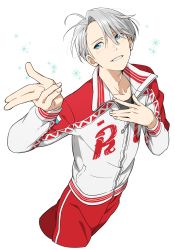 Rule 34 | 10s, 1boy, 92 (artist), blue eyes, hand on own chest, highres, male focus, silver hair, simple background, solo, sparkle, track suit, viktor nikiforov, white background, yuri!!! on ice
