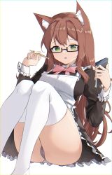 Rule 34 | 1girl, absurdres, animal ears, apron, ass, black dress, black panties, bow, bowtie, brown hair, dress, frilled dress, frills, glasses, green eyes, hands up, highres, holding, knees up, long hair, long sleeves, looking at viewer, maid, maid apron, original, panties, parted lips, semi-rimless eyewear, simple background, sitting, solo, steeb, striped clothes, striped panties, thighhighs, under-rim eyewear, underwear, white background, white thighhighs