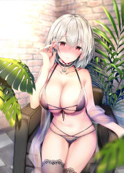 Rule 34 | 1girl, azur lane, bare shoulders, black bra, black panties, bra, breasts, chair, choker, cleavage, collarbone, commentary request, cowboy shot, earrings, front-tie top, hand up, highres, jewelry, large breasts, leaf, looking at viewer, multi-strapped panties, navel, panties, parted lips, plant, red eyes, rei (rei&#039;s room), short hair, silver hair, sirius (azur lane), sitting, skindentation, solo, stomach, thigh gap, thighhighs, thighs, underwear, underwear only