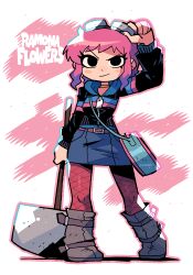Rule 34 | 1girl, absurdres, arm up, black eyes, black jacket, blue nails, full body, goggles, goggles on head, hammer, highres, holding, holding hammer, jacket, long sleeves, miniskirt, multicolored clothes, multicolored jacket, nail polish, pantyhose, pink background, pink hair, pink pantyhose, purple hair, ramona flowers, rariatto (ganguri), scott pilgrim (series), shoes, short hair, skirt, solo, standing, white background