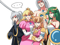 Rule 34 | 1boy, 4girls, :t, angry, annoyed, blonde hair, blue eyes, circlet, crossed arms, crown, dress, earrings, final fantasy, final fantasy vii, fire emblem, fire emblem awakening, frown, glaring, green hair, grey hair, highres, jealous, jewelry, kid icarus, kid icarus uprising, lipstick, long hair, makeup, mario (series), multiple girls, nintendo, odd one out, palutena, pink dress, pointy ears, pout, princess peach, princess zelda, robin (female) (fire emblem), robin (fire emblem), scowl, sephiroth, simple background, staff, super smash bros., the legend of zelda, the legend of zelda: a link between worlds, tina fate, topless male, white background