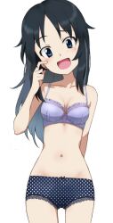 1girl black_hair blue_eyes blush bra brea breasts cleavage collarbone girls_und_panzer kayabakoro large_breasts long_hair looking_at_viewer navel open_mouth panties polka_dot polka_dot_panties purple_bra simple_background smile solo underwear underwear_only white_background yamagou_ayumi