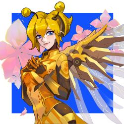 Rule 34 | animification, blue eyes, blush, bodysuit, breasts, commentary, fake antennae, flower, gloves, highres, honey bee mercy, looking to the side, mechanical wings, mercy (overwatch), official alternate costume, orange bodysuit, orange gloves, overwatch, overwatch 2, own hands together, pink flower, ponytail, small breasts, smile, symbol-only commentary, wings, yshua