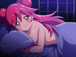 Rule 34 | 10s, 1girl, afterglow, bad id, bad pixiv id, brown eyes, double bun, highres, hiwairo304, jewelpet (series), lady jewelpet, long hair, looking at viewer, lying, momona, nude, on stomach, pillow, pink hair, smile, solo