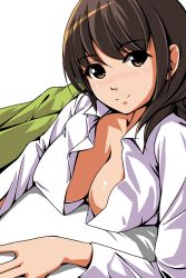 Rule 34 | 1girl, blush, breast rest, breasts, brown eyes, brown hair, cleavage, closed mouth, collared shirt, downblouse, dress shirt, eyebrows, highres, long hair, long sleeves, looking at viewer, matsunaga kouyou, no bra, open clothes, open shirt, original, shirt, simple background, smile, solo, upper body, white background, white shirt