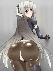 Rule 34 | 1girl, against wall, android, armor, ass, bent over, blue eyes, blush, bodysuit, boots, from behind, highres, horizon ariadust, huge ass, kyoukaisenjou no horizon, leotard, long hair, looking at viewer, looking back, pantyhose, shiny clothes, silver hair, thigh boots, thighhighs, thong, thong leotard, uguisu (happy turn), very long hair