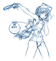 Rule 34 | 10s, 1girl, bbb (friskuser), blue theme, breasts, diving mask, diving mask on head, glance, goggles, goggles on head, gun, kantai collection, maru-yu (kancolle), monochrome, motion lines, one-piece swimsuit, open mouth, school swimsuit, short hair, simple background, sketch, small breasts, solo, swimsuit, weapon, white background