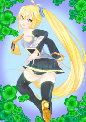 Rule 34 | 1girl, akita neru, bike shorts, blonde hair, clover, detached sleeves, four-leaf clover, long hair, looking back, necktie, pon (pompokopon), side ponytail, skirt, smile, solo, thighhighs, very long hair, vocaloid, yellow eyes, yellow necktie, zettai ryouiki