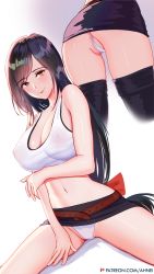 Rule 34 | 1girl, ahnei, ass, belt, black hair, black skirt, black thighhighs, bow, breasts, brown belt, bustier, cleavage, clothes lift, covered erect nipples, crop top, final fantasy, final fantasy vii, final fantasy vii remake, highres, large breasts, long hair, looking at viewer, loose belt, low-tied long hair, midriff, miniskirt, multiple views, navel, orange eyes, panties, partially visible vulva, red bow, seductive smile, skirt, skirt lift, smile, spread legs, square enix, stomach, swept bangs, tank top, thighhighs, thong, tifa lockhart, underwear, white panties, white tank top