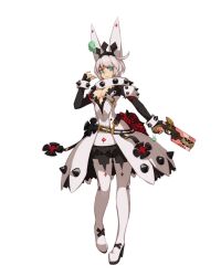 Rule 34 | 1girl, black pantyhose, blue eyes, boots, breasts, cleavage, closed mouth, collar, elphelt valentine, flower, full body, grey hair, guilty gear, gun, twirling hair, hand up, handgun, highres, holding, holding gun, holding weapon, looking at viewer, medium breasts, pantyhose, pepper0, red flower, red rose, rose, short hair, shoulder spikes, simple background, smile, solo, spiked collar, spikes, standing, thigh boots, thighhighs, weapon, white background, white footwear