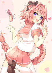 Rule 34 | 1boy, absurdres, astolfo (fate), astolfo (sailor paladin) (fate), black bow, blush, bow, braid, cellphone, commentary request, fang, fate (series), from behind, hair between eyes, hair intakes, hair ribbon, highres, long braid, long hair, looking at viewer, male focus, official alternate costume, open mouth, phone, pink hair, pink skirt, pj, pleated skirt, purple eyes, ribbon, school uniform, shirt, short sleeves, single braid, skirt, smile, solo, thighhighs, trap, white shirt, white thighhighs