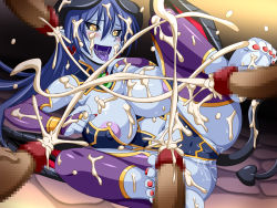 Rule 34 | 1girl, ass, astaroth (shinrabanshou), barefoot, blue hair, blue skin, bracelet, breasts, bukkake, censored, colored skin, cum, cum on body, cum on lower body, demon girl, feet, footjob, game cg, horns, huge breasts, jewelry, legs up, leotard, long hair, nipples, open mouth, penis, pointy ears, pussy, pussy juice, saliva, shinrabanshou, shiny skin, smile, soles, spec (artist), sweat, tail, toes, tongue, tongue out, wings, yellow eyes