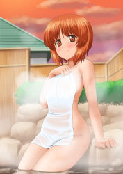 Rule 34 | 1girl, blush, brown eyes, brown hair, closed mouth, cloud, collarbone, covered erect nipples, covering privates, dusk, girls und panzer, nishizumi miho, nude, nude cover, onsen, orange sky, outdoors, short hair, sky, smile, solo, t k, towel, wading