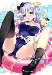 Rule 34 | 1girl, animal, bare shoulders, black bow, black hairband, black thighhighs, blue background, blue hair, blue one-piece swimsuit, blue skirt, bow, breasts, cameltoe, clothes lift, commentary request, dog, flower, food, frilled skirt, frills, hair bow, hair flower, hair ornament, hairband, hairclip, highres, holding, holding food, ice cream, innertube, knees up, large breasts, lifted by self, long hair, lying, nagayama yuunon, no shoes, on back, one-piece swimsuit, original, partially visible vulva, purple eyes, school swimsuit, skirt, skirt lift, solo, star (symbol), strap slip, swim ring, swimsuit, thighhighs, thighhighs pull, two side up, very long hair, white flower