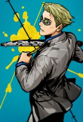Rule 34 | 1boy, animal print, blonde hair, blue eyes, collared shirt, cowboy shot, goggles, grey jacket, grey pants, grmms otk, holding, holding knife, holding necktie, holding weapon, jacket, jujutsu kaisen, knife, leopard print, long sleeves, looking at viewer, male focus, nanami kento, necktie, pants, parted lips, shirt, short hair, solo, suit jacket, weapon, yellow necktie