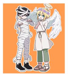 2boys alternate_costume angel_wings basil_(faraway)_(omori) basil_(omori) black_eyes black_footwear black_hair blonde_hair blue_eyes blush brown_footwear closed_mouth fake_halo fake_wings flower full_body halo head_wreath highres kiimorisame looking_at_viewer male_focus multiple_boys mummy_costume omori open_mouth orange_background sandals shoes short_hair short_sleeves simple_background smile sneakers socks sunny_(omori) teeth upper_teeth_only white_socks wings