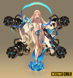 Rule 34 | 1girl, absurdres, black footwear, blue ribbon, blush, breasts, cleavage, curvy, destiny child, detached sleeves, eyeshadow, finger on trigger, floating object, floating weapon, forehead, full body, gatling gun, gun, hagoromo, highres, hyulla, impossible clothes, large breasts, long hair, mafdet (destiny child), makeup, mascara, navel, parted bangs, ribbon, shawl, shotgun, skindentation, solo, thighs, very long hair, walking, weapon, wide sleeves, yellow eyes