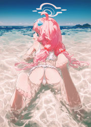 Rule 34 | 1girl, absurdres, ahoge, ass, bare legs, barefoot, bikini, blue archive, blue eyes, blue sky, chi (luckyeric320), eyewear on head, fang, frilled bikini, frills, from behind, hair bobbles, hair ornament, halo, highres, hoshino (blue archive), hoshino (swimsuit) (blue archive), long hair, looking at viewer, looking back, lying, on stomach, open mouth, outdoors, pink hair, sky, smile, solo, summer, sunglasses, swimsuit, toes, twintails, white bikini