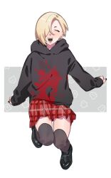 Rule 34 | 1girl, :d, belt boots, black footwear, black hoodie, black nails, black thighhighs, blonde hair, blush, boots, closed eyes, earrings, full body, ghost print, hair over one eye, highres, hood, hoodie, idolmaster, idolmaster cinderella girls, jewelry, jumping, knees together feet apart, miniskirt, one eye covered, open mouth, oshinomiya, outstretched arms, plaid, plaid skirt, red skirt, shirasaka koume, short hair, skirt, sleeves past fingers, sleeves past wrists, smile, solo, thighhighs, zettai ryouiki