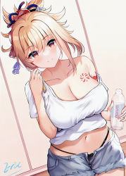 Rule 34 | 1girl, alternate costume, arm tattoo, blonde hair, blue shorts, bottle, breasts, chest tattoo, cleavage, closed mouth, crop top, cutoffs, dutch angle, eric (tianqijiang), flower tattoo, genshin impact, gradient eyes, hair ornament, hand up, high ponytail, highleg, highleg panties, highres, holding, holding bottle, kanzashi, large breasts, long hair, looking at viewer, midriff, multicolored eyes, navel, open fly, orange eyes, panties, panty straps, shirt, short shorts, short sleeves, shorts, sidelocks, single bare shoulder, solo, stomach, tattoo, underwear, white shirt, yoimiya (genshin impact)