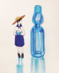 Rule 34 | 1girl, black footwear, black hair, black neckerchief, blue sailor collar, blue skirt, bottle, full body, glass bottle, hat, highres, holding, long sleeves, looking at object, looking to the side, low twintails, medium hair, mini person, minigirl, neckerchief, original, pleated skirt, ramune, sailor collar, sailor shirt, school uniform, serafuku, shadow, shirt, shoes, simple background, skirt, socks, solo, standing, straw hat, tokunaga aoi, traditional media, twintails, white background, white shirt, white socks, yellow hat