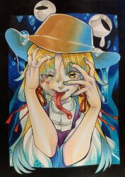 Rule 34 | 1girl, blonde hair, bow, brown headwear, drooling, extra eyes, facial tattoo, fang, fang out, frog girl, green nails, hair bow, hair ornament, hand on own face, hand on own head, hat, highres, horizontal pupils, long hair, long sleeves, long tongue, moriya suwako, nail polish, purple vest, red bow, saliva, shirt, sidelocks, sleeves past elbows, tattoo, teeth, tongue, tongue out, touhou, traditional media, upper teeth only, vest, white shirt, whoru, wide sleeves, yellow eyes