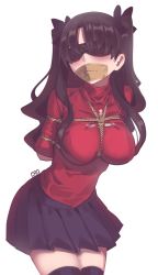 Rule 34 | 1girl, absurdres, arms behind back, bdsm, black hair, blindfold, bondage, bound, breast bondage, breasts, fate/stay night, fate (series), gag, gagged, highres, improvised gag, kaddo, long hair, pleated skirt, red shirt, rope, shirt, signature, skirt, solo, tape, tape gag, thighhighs, tohsaka rin, twintails, white background