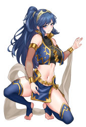Rule 34 | 1girl, alternate breast size, alternate costume, alternate hairstyle, barefoot, blue eyes, blue hair, blush, breasts, dancer, detached sleeves, earrings, feet, female focus, fire emblem, fire emblem awakening, fire emblem heroes, harem outfit, highres, jewelry, long hair, looking at viewer, lucina (fire emblem), matching hair/eyes, medium breasts, midriff, navel, nez-box, nintendo, pelvic curtain, ponytail, slave, smile, solo, squatting, thighhighs, thighs, tiara, toeless legwear, toes, veil, white background