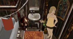 Rule 34 | 1girl, barefoot, bathroom, bathtub, brown hair, brushing teeth, clothesline, commentary request, fantasy, flat chest, long hair, mirror, obaryo, original, rug, shorts, solo, steampunk, stove, toothbrush