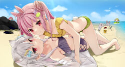 Rule 34 | 4girls, animal, animal ears, bare arms, bare legs, bare shoulders, barefoot, beach, bikini, black bikini, blonde hair, blue sky, braid, breasts, cat, cellphone, character request, cleavage, closed mouth, cloud, collarbone, commentary request, day, girl on top, grey hair, hair over one eye, horizon, indie virtual youtuber, innertube, lying, multicolored hair, multiple girls, natsume eri, natsume eri (vtuber), ocean, on back, on ground, outdoors, phone, pink hair, pointy ears, rabbit, rabbit ears, rabbit girl, rabbit tail, red eyes, red hair, sand, sand sculpture, short eyebrows, sky, small breasts, smile, streaked hair, swim ring, swimsuit, tail, thick eyebrows, tomari mari, twintails, virtual youtuber, water, wavy mouth, yellow bikini