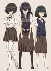 Rule 34 | 3girls, :3, arms behind back, black eyes, black hair, black legwear, blouse, blue vest, blunt bangs, bob cut, breasts, brown skirt, collarbone, collared shirt, commentary, flat chest, full body, glasses, grey background, hair between eyes, hair over eyes, hikage monogatari, honda neneko, hunched over, large breasts, light frown, long hair, looking at viewer, messy hair, miura chinami, mob face, multiple girls, neck ribbon, nerdy girl&#039;s story, no shoes, original, pantyhose, parted lips, pleated skirt, purple eyes, ribbon, shirt, short hair, short sleeves, simple background, skirt, small breasts, smile, tented shirt, thighhighs, urin, vest, white legwear, white shirt, zettai ryouiki
