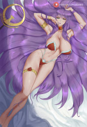 Rule 34 | 1girl, araneesama, armpits, arms up, athena, athena (saint seiya), bare shoulders, barefoot, bed, blush, bra, breasts, cameltoe, christmas, cleavage, collar, feet, female focus, from above, green eyes, groin, highres, kido saori, large breasts, legs, light blush, lingerie, long hair, looking at viewer, lots of jewelry, lying, navel, on bed, panties, parted lips, purple hair, saint seiya, seductive smile, smile, solo, staff, strapless, strapless bra, thigh strap, thighs, toes, underwear, wide hips