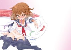 Rule 34 | 1girl, arm support, bed, black thighhighs, blue skirt, blush, brown eyes, brown hair, condom, condom in mouth, cum, cum in clothes, cum in panties, cum in pussy, cumdrip, fang, gradient background, hachi (chihagura), hair ornament, hairclip, highres, ikazuchi (kancolle), kantai collection, mouth hold, neckerchief, no bra, on bed, panties, pillow, pink background, red neckerchief, school uniform, see-through, serafuku, shirt, sitting, skirt, unworn skirt, solo, thighhighs, underwear, used condom, wet, wet clothes, wet panties, wet shirt, white panties, yokozuwari