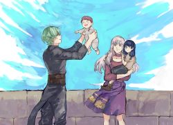 Rule 34 | 2boys, 2girls, blue eyes, blue hair, blue sky, brother and sister, byleth (fire emblem), byleth (male) (fire emblem), carrying, closed mouth, commission, day, dress, family, father and daughter, father and son, fire emblem, fire emblem: three houses, from side, green hair, highres, husband and wife, if they mated, long hair, long sleeves, lysithea von ordelia, mother and daughter, mother and son, multiple boys, multiple girls, nintendo, open mouth, outdoors, parted lips, pink eyes, short hair, short sleeves, siblings, sky, smile, white hair, yourfreakyneighbourh