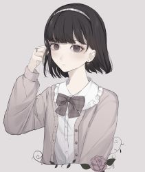 Rule 34 | 1girl, black hair, bow, brown bow, brown eyes, brown flower, brown jacket, brown rose, collared shirt, commentary request, cropped torso, dress shirt, frilled shirt collar, frills, grey background, hand up, highres, jacket, long sleeves, open clothes, open jacket, original, plaid, plaid bow, puffy long sleeves, puffy sleeves, rose, shirt, simple background, solo, tsuruse, upper body, white shirt