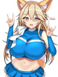 Rule 34 | 1girl, alternate costume, animal ears, bare shoulders, blonde hair, blue eyes, blue shirt, blue skirt, breasts, cheerleader, cowboy shot, dated, detached sleeves, fox ears, fox shadow puppet, fox tail, from above, groin, hair between eyes, hands up, highres, hokkaido nippon-ham fighters, huge breasts, impossible clothes, impossible shirt, iowa (kancolle), kantai collection, kemonomimi mode, kitsune dance, long hair, looking at viewer, midriff, miniskirt, montemasa, navel, nippon professional baseball, open mouth, pleated skirt, shirt, simple background, skirt, smile, solo, star-shaped pupils, star (symbol), symbol-shaped pupils, tail, white background