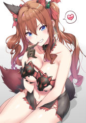 Rule 34 | 1girl, ahoge, animal ears, bare shoulders, black gloves, black skirt, blue eyes, blush, bra, breasts, brown hair, choker, cleavage, collarbone, commentary request, copyright request, earrings, finger to mouth, from above, gloves, grin, hair between eyes, hair bobbles, hair ornament, hair ribbon, half gloves, hand up, heart, index finger raised, jewelry, large breasts, long hair, looking at viewer, miniskirt, navel, official art, red bra, ribbon, sitting, skirt, smile, solo, speech bubble, spoken heart, stomach, tail, thighs, underwear, wasami (a27678193a), white background, wolf ears, wolf head, wolf tail, xia you qing